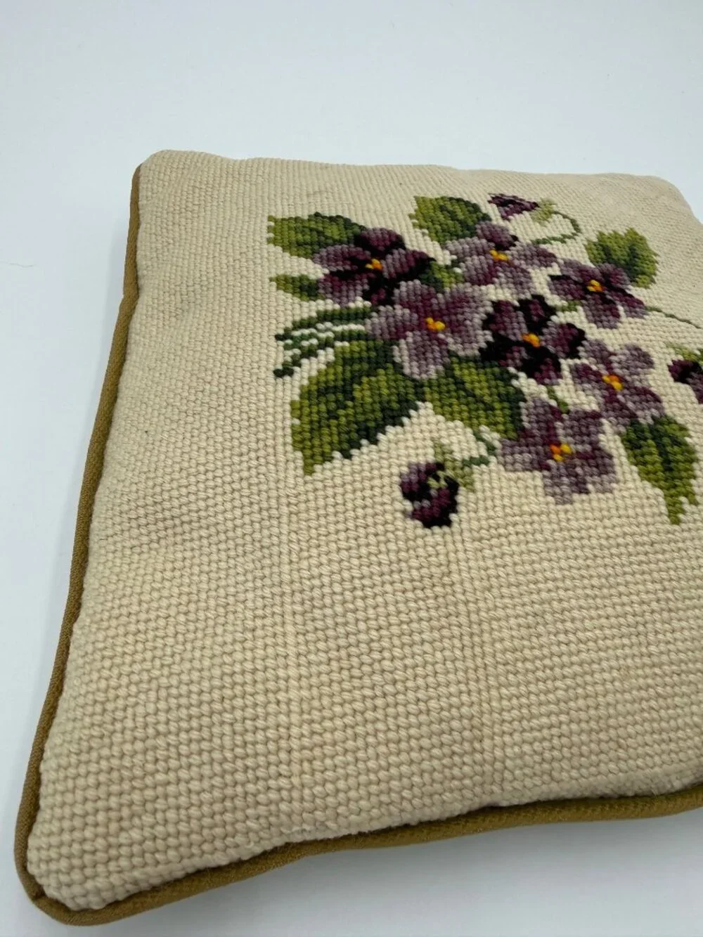 Vintage Needlepoint Floral Throw Pillow Velvet Back Square Cushion 10